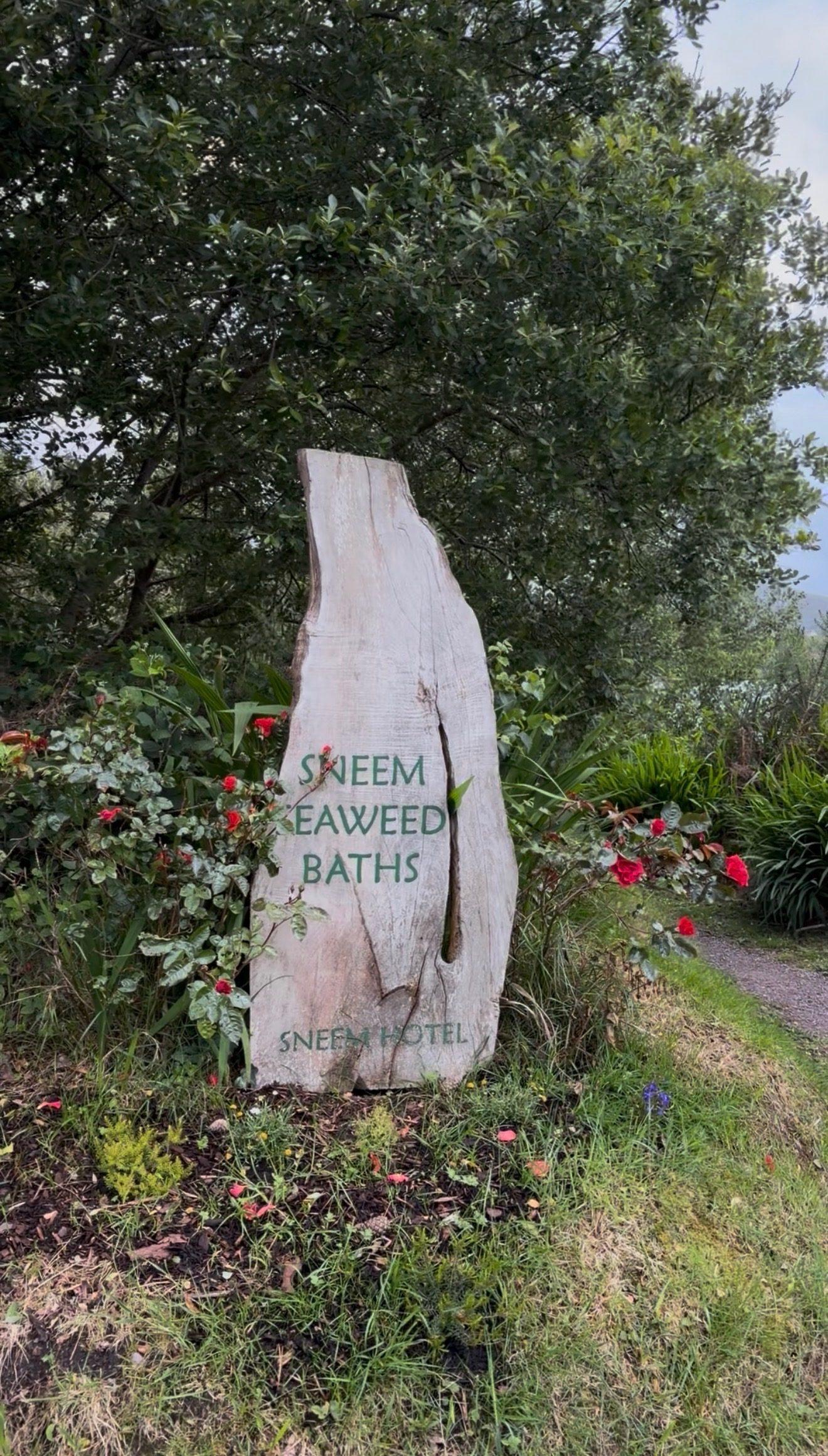 The carved wooden Sneem Seaweed Baths sign among roses in the hotel gardens