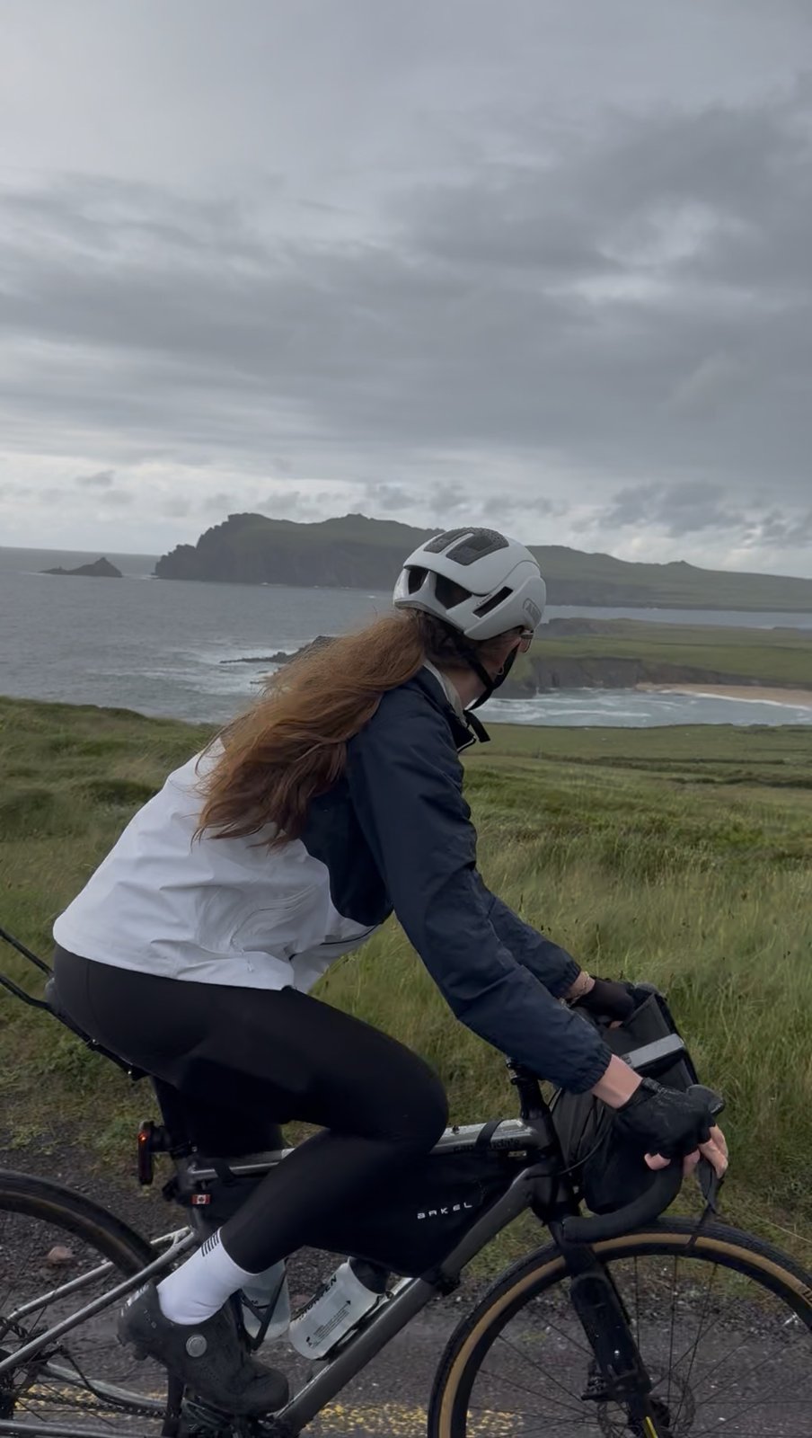 Bailey riding Slea Head with the Blasket coast behind on day eight