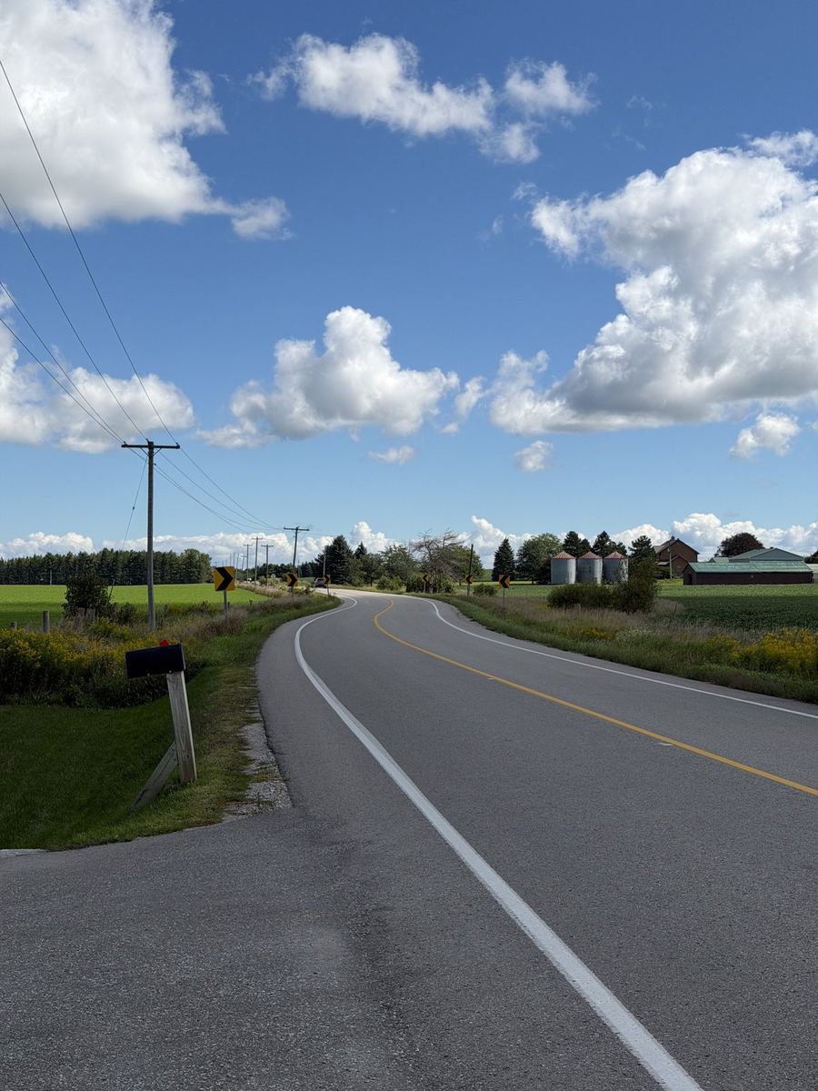The road bending past farm buildings and a roadside mailbox in south Simcoe County