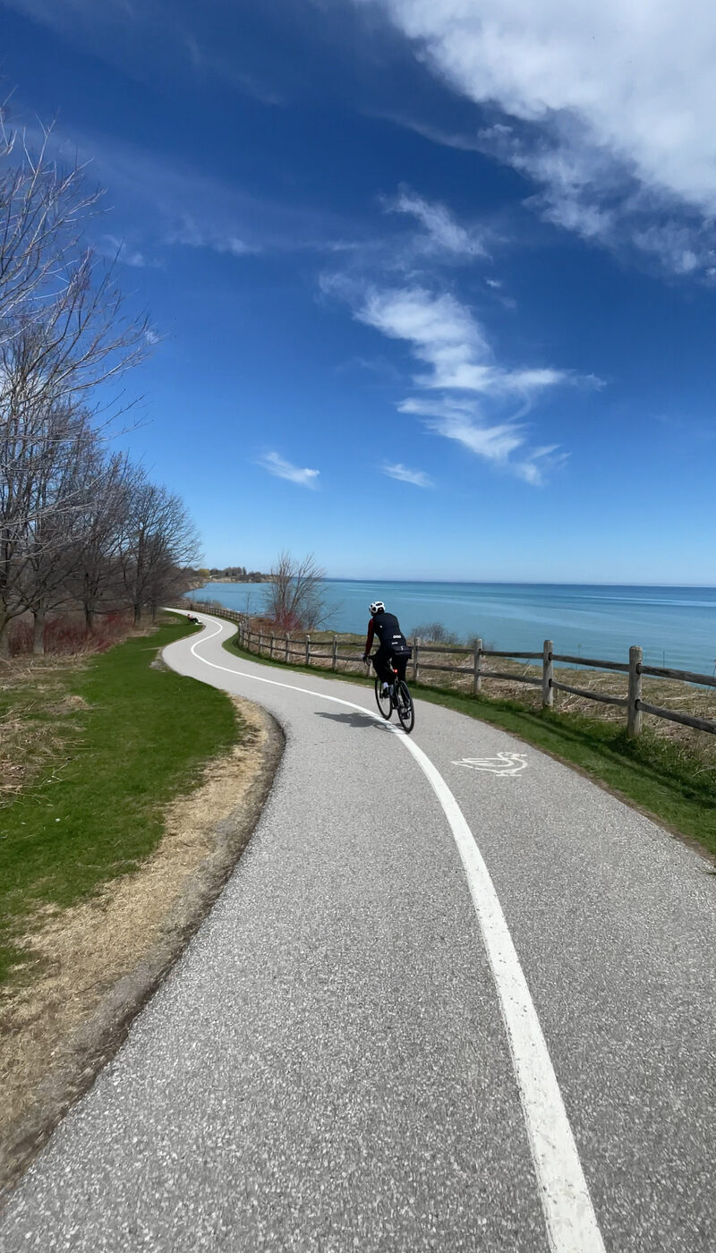 Riding the Waterfront Trail beside Lake Ontario east of Toronto